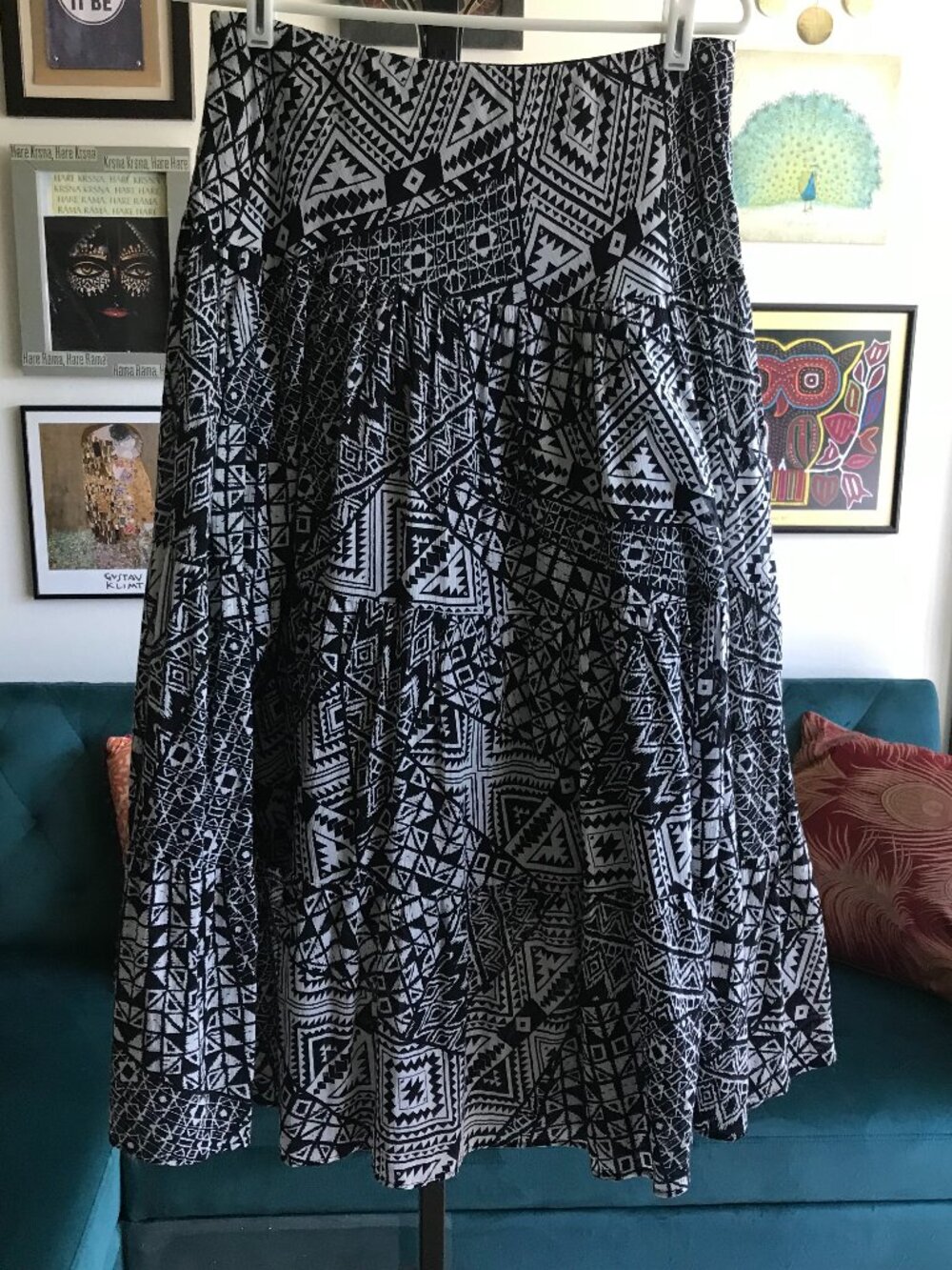 CHAPS size S Black & White Geometric Print Gauzy Tiered Long Cotton Skirt